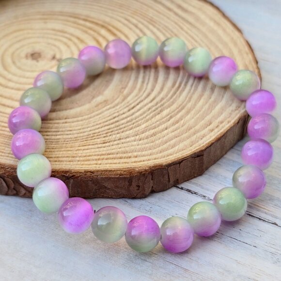 Cat’s Eye Gemstone Bracelet – Handmade w/ Purple & Green Beads for Focus & Luck - Picture 4 of 15